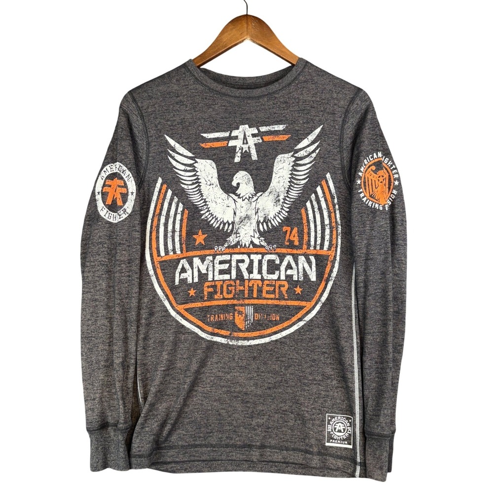 American Fighter Mens Thermal Long Sleeve Shirt Gray Eagle Size S Grunge Y2K